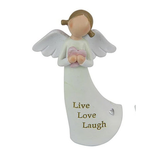 White Angel Holding Heart with "Live Love Laugh" on Gown 12cm tall