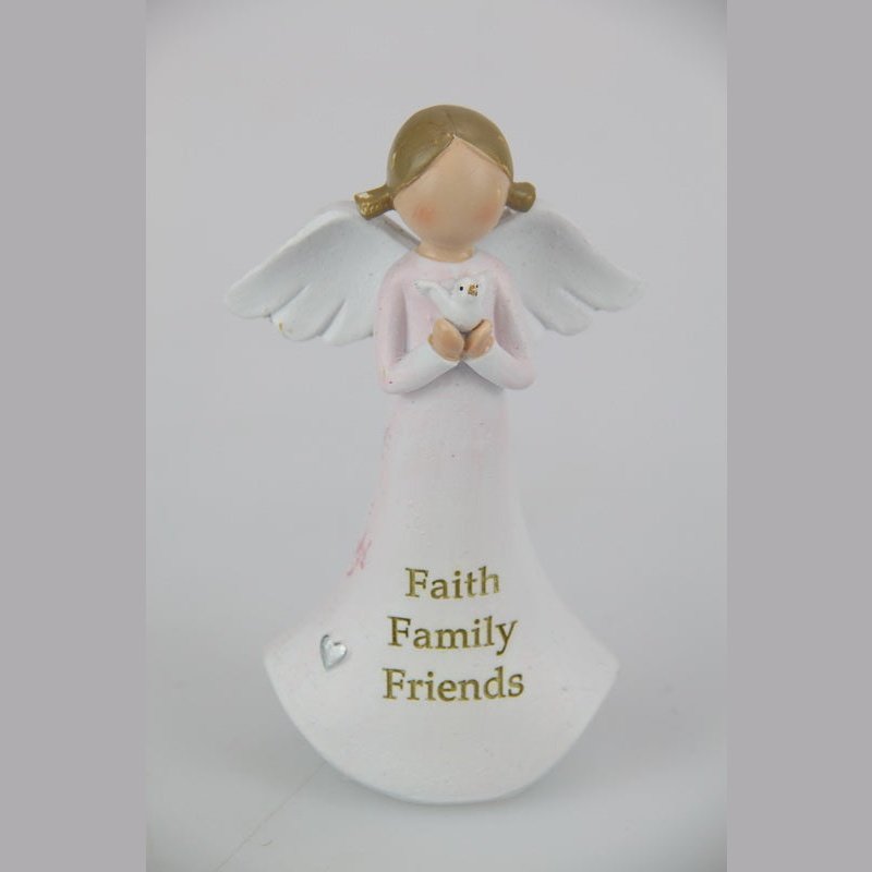 White Angel Holding Dove in her hands with "Faith Family Friends" on Gown 12cm tall