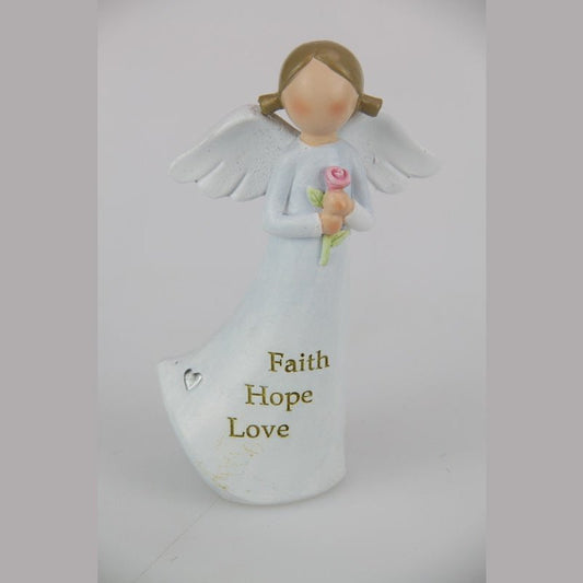 White Angel Holding Flower with "Faith Hope Love" on Gown 12cm tall