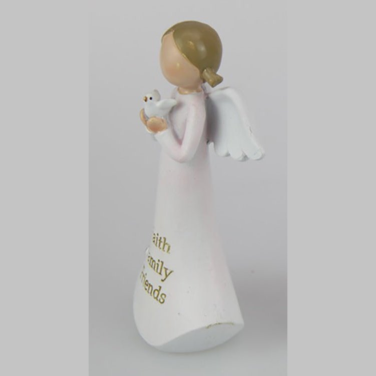 White Angel Holding Dove in her hands with "Faith Family Friends" on Gown 12cm tall