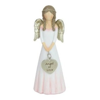 Angel with Gold Wings and Heart saying "Angel of Love", in her White/Pink Gown