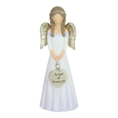 Angel with Gold Wings and Heart saying "Angel of Strength", in her White/Lavendar Gown