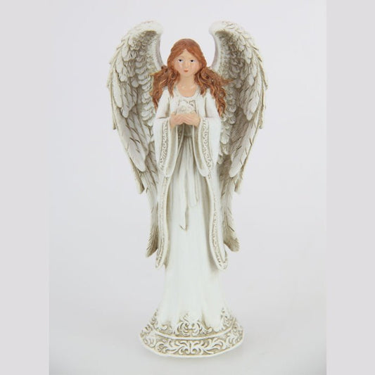 White Robe Angel Holding Dove in her hands with Decorative Edgings 13 cm tall