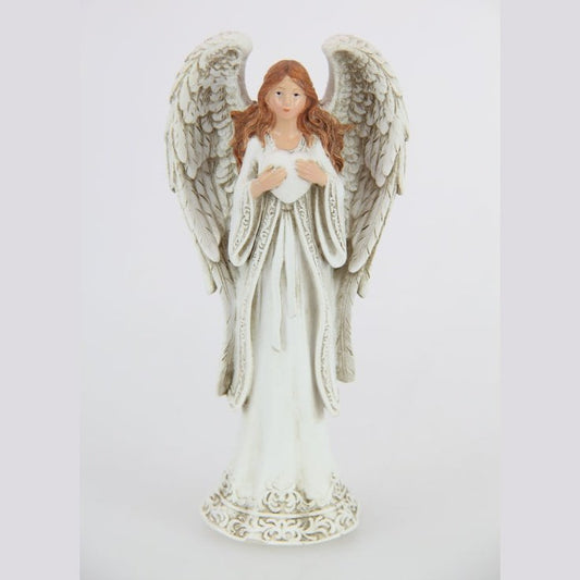 White Robe Angel Praying With Heart with Decorative Edgings 13 cm tall