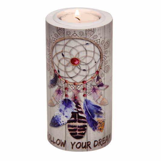 12cm Round 'Follow Your Dreams' Tea Light Candle Holder with Dream Catcher Print
