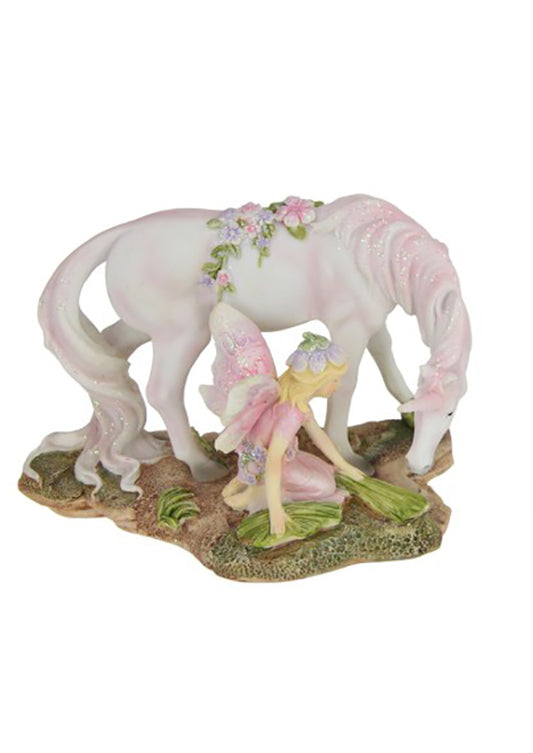 Flower Fairy Crouching with Unicorn Pink Dress