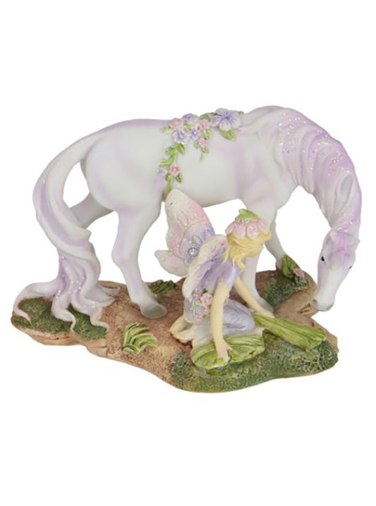 Flower Fairy Crouching with Unicorn Lavendar Dress