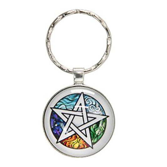 Wiccan Glass Key Chain - Pentagram Multicoloured