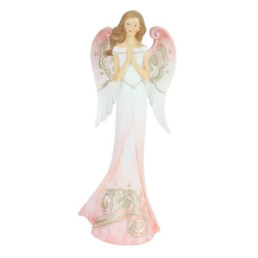 Christmas Angel with Praying Hands in Pink Dress 25 cm tall - Decorated with Gold Edgings