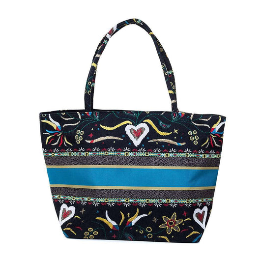 Black and Colours with Hearts with Blue Stripe Large Tote Bag