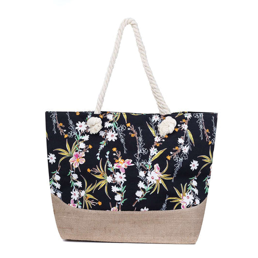 Black with Flowers with Rope Handles Large Tote Bag