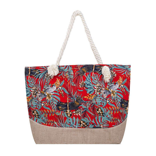 Blue Flowers with Red Background and Black Cockatoos with Rope Handles Large Tote Bag