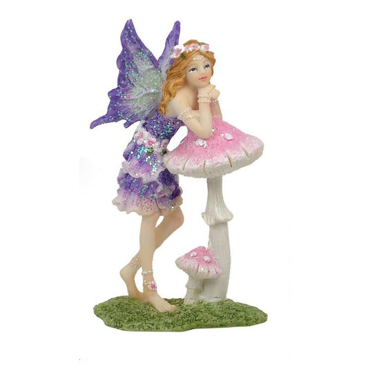 Purple Winged Standing Fairy with Pink Mushroom 10cm tall