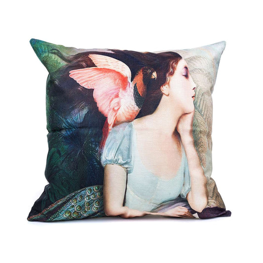 Sleeping Girl with Pink Winged Bird nesting on her Shoulder Cushion Cover