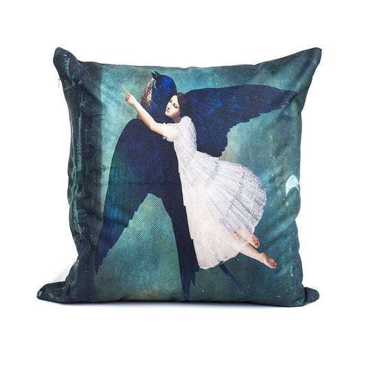 Girl Flying High with Blue Bird Cushion Cover
