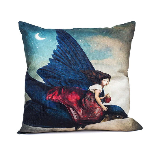 Girl with Red Dress Flying with Blue Bird Cushion Cover