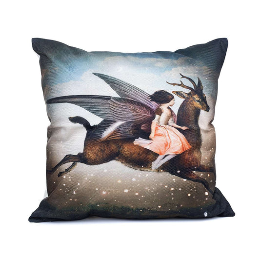 Girl with Winged Flying Deer Cushion Cover