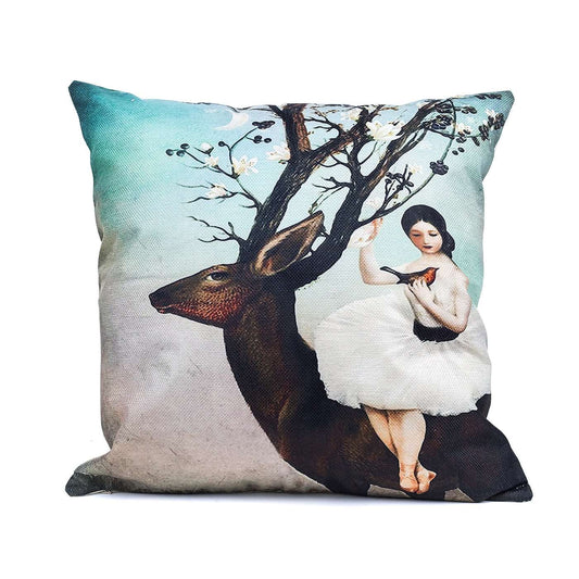 Girl with Bird sitting on Deer with Tree Antlers Cushion Cover