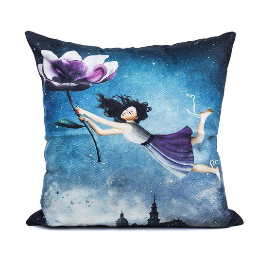 Girl in Purple Dress Flying with Purple Flower Cushion Cover
