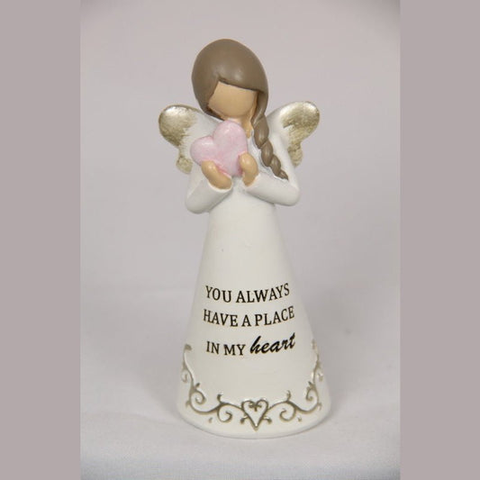 Inspirational Angel with Dress and Pink Heart saying "You Always have a place in my heart" 12cm tall