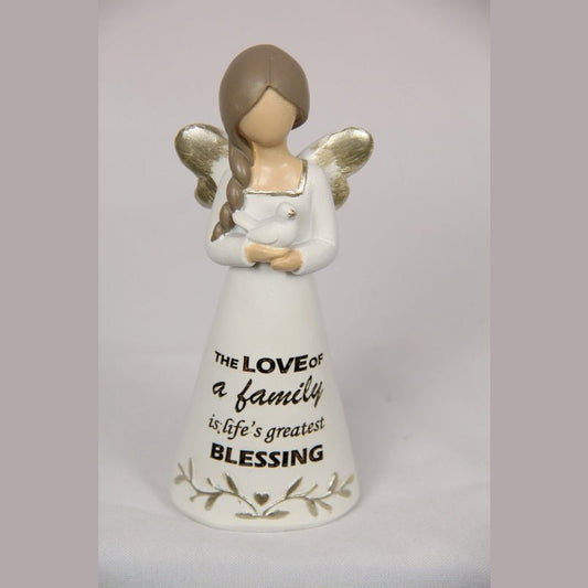 Inspirational Angel with Dress and Hands Together saying "The Love of a family is life's greatest blessing" 12cm tall