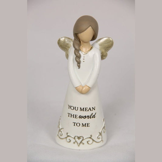 Inspirational Angel with Hands Folding saying "You mean the world to me" 12cm tall