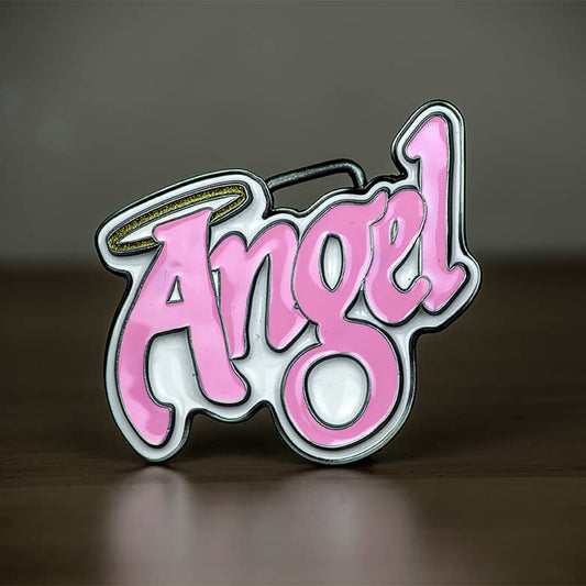 Pink Angel with White Background Words Belt Buckle