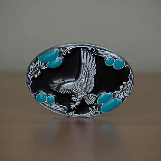 Eagle in Flight Etched with Black and Aqua Design Belt Buckle