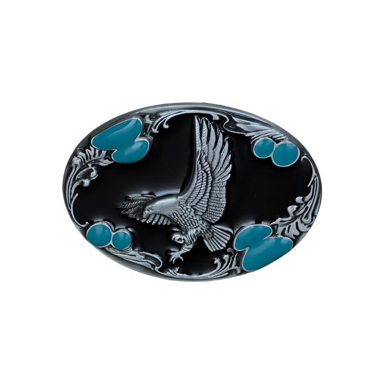 Eagle in Flight Etched with Black and Aqua Design Belt Buckle