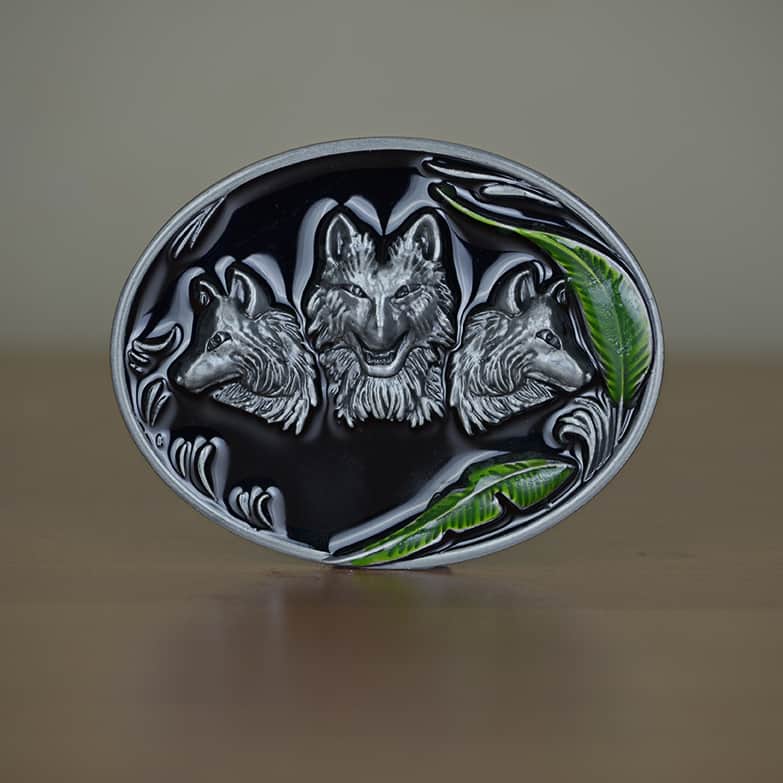 Three Wolves with Green Edge Belt Buckle