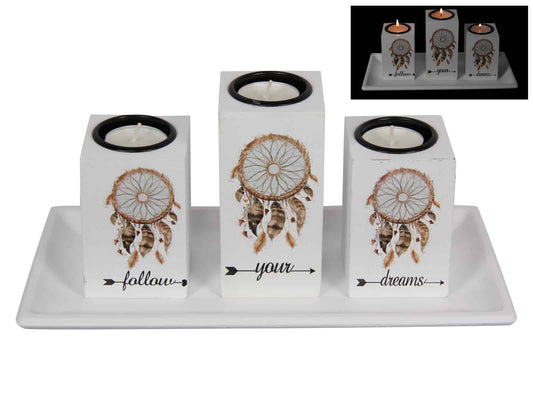 28cm Follow Your Dreams 3 Piece Candle Holder with Dream Catcher Print - Gift Boxed
