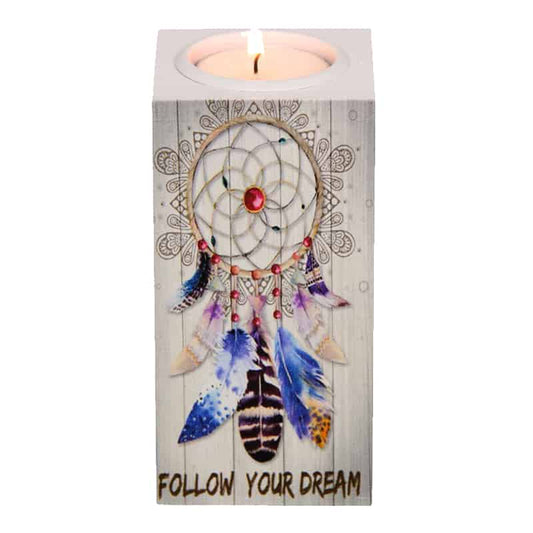 'Follow Your Dreams' Tea Light Candle Holder with Dream Catcher Print 12cm Square