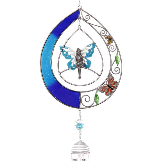 Pewter Fairy Wind Chime with Oval Shaped Ring with Beautiful Fairy Angel on Swing with Blue Wings