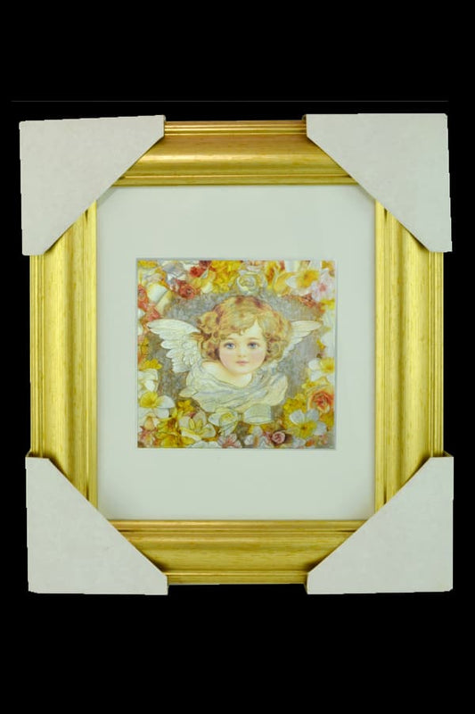 Cherub with Cream Flowers Gold Framed Foiled Print