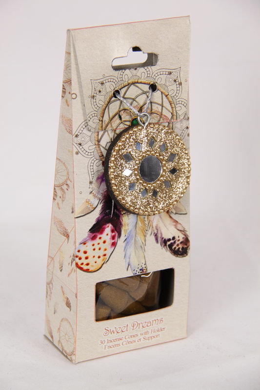 Follow Your Dreams 'Sweet Dreams' - 30 Incense Cones and Cone Holder with Dream Catcher Print - Gift Boxed