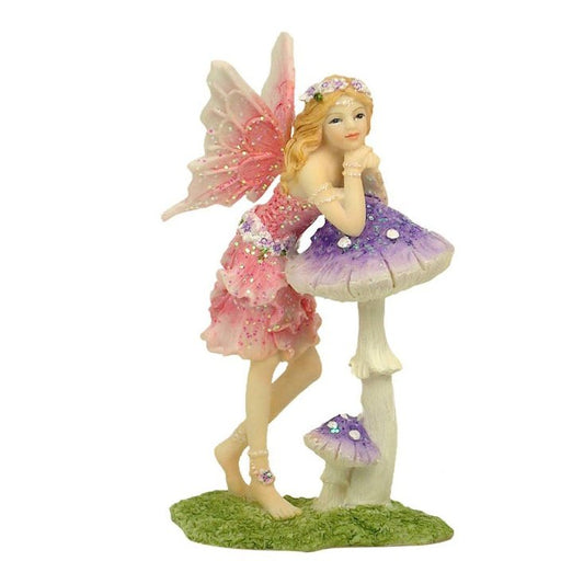 Pink Standing Fairy with Purple Mushroom 10cm tall