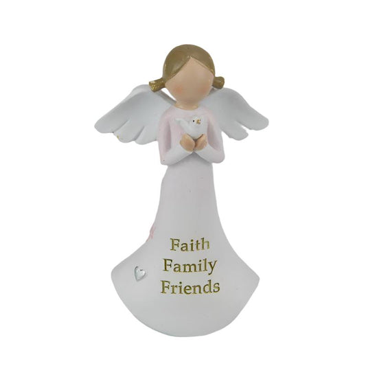 White Angel Holding Dove in her hands with "Faith Family Friends" on Gown 12cm tall