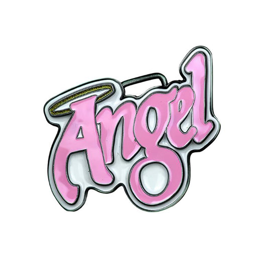 Pink Angel with White Background Words Belt Buckle