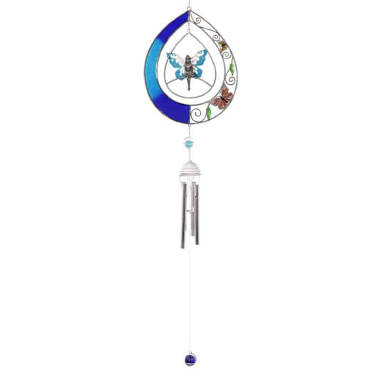 Pewter Fairy Wind Chime with Oval Shaped Ring with Beautiful Fairy Angel on Swing with Blue Wings