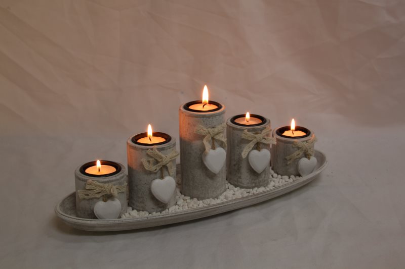 38cm Shabby Chic Heart Design Features 5 Piece Candle Holder Set - Gift Boxed