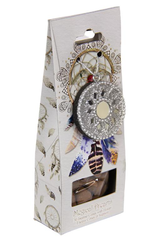 Follow Your Dreams 'Magical Dreams' - 30 Incense Cones and Cone Holder with Dream Catcher Print - Gift Boxed